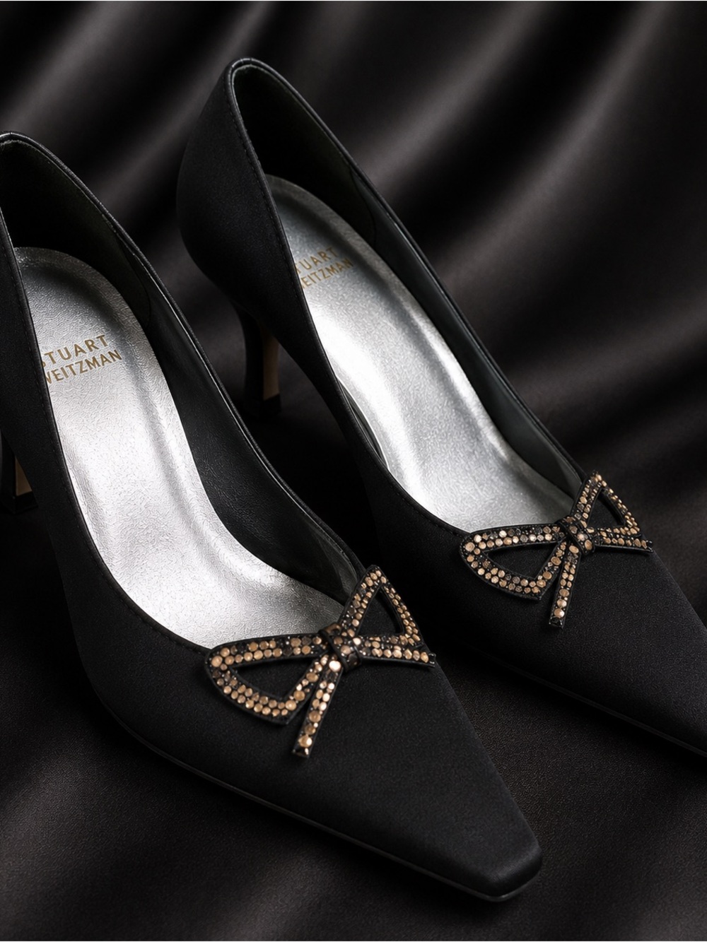Stuart Weitzman Black Satin Rhinestone Bow Heels Pumps Women’s 5.5 Vintage